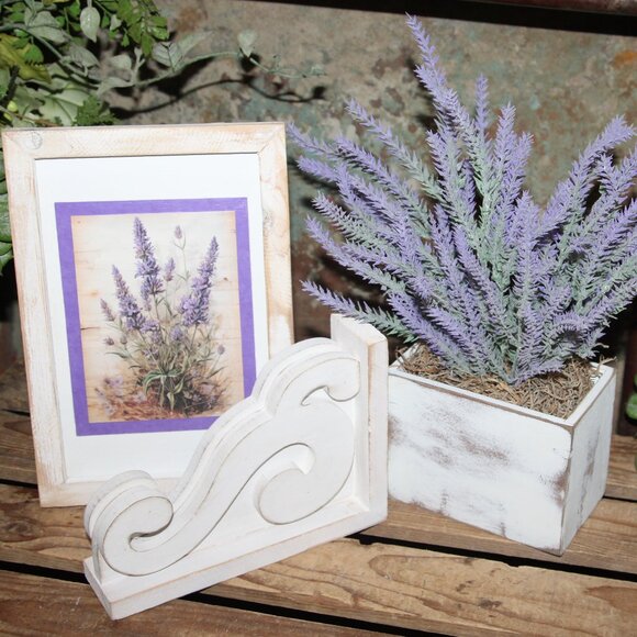 Shabby French Country Farmhouse Lavender Floral Picture Box w/Lavender & Corbel - Picture 1 of 14
